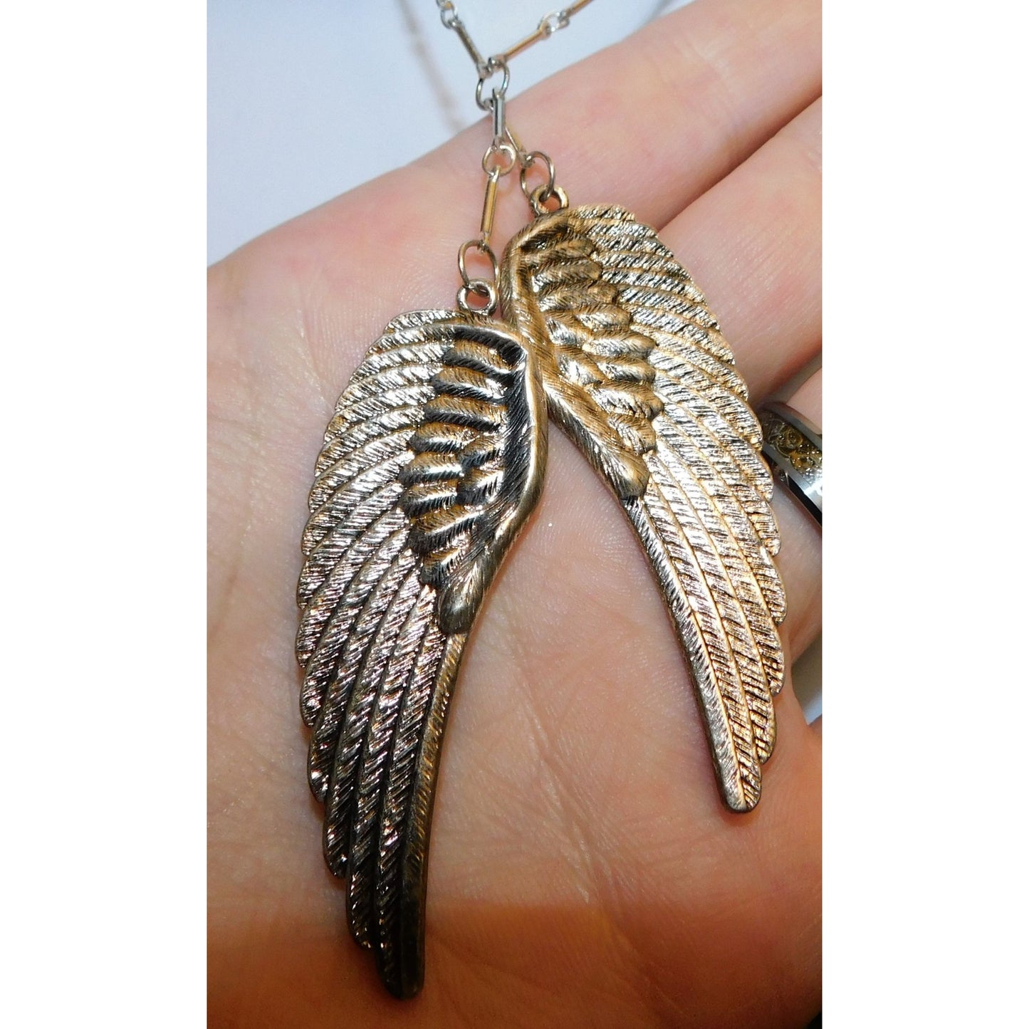Whimsical Religious Silver Tone  Angel Wing Necklace