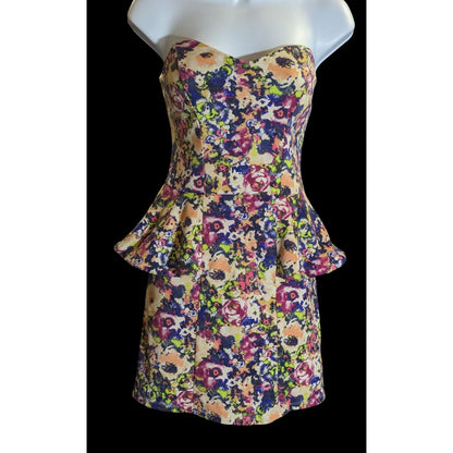 Vintage Material Girl Floral Dress Strapless Peplum Mini Rainbow Party