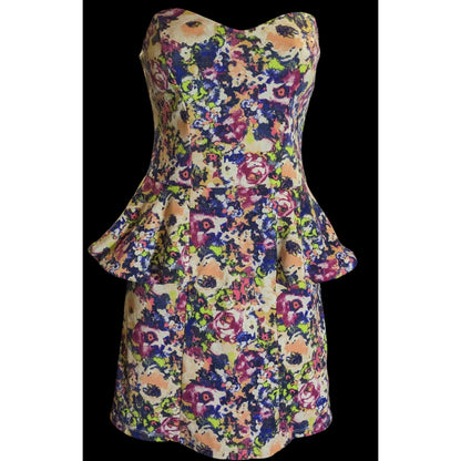 Vintage Material Girl Floral Dress Strapless Peplum Mini Rainbow Party