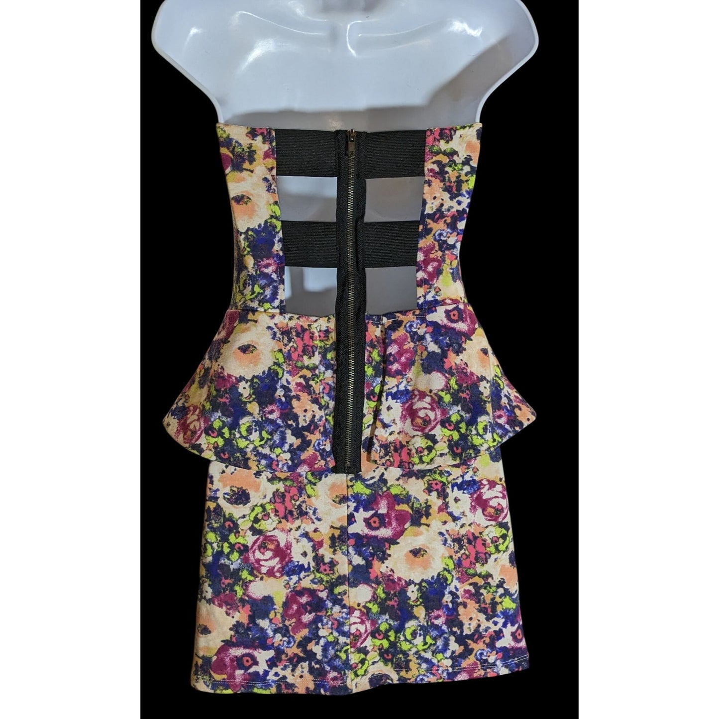 Vintage Material Girl Floral Dress Strapless Peplum Mini Rainbow Party