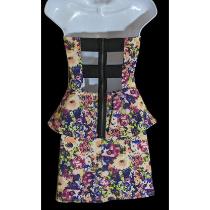 Vintage Material Girl Floral Dress Strapless Peplum Mini Rainbow Party