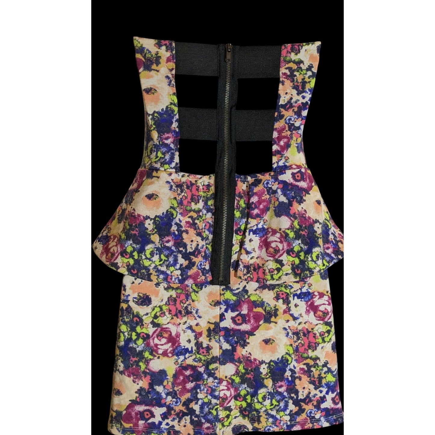 Vintage Material Girl Floral Dress Strapless Peplum Mini Rainbow Party