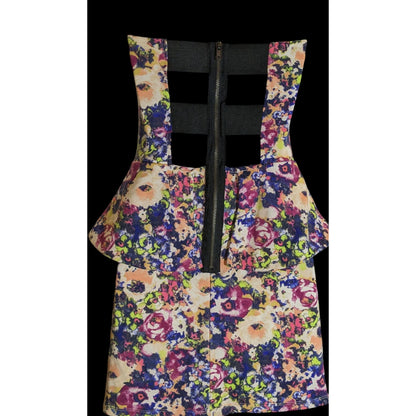 Vintage Material Girl Floral Dress Strapless Peplum Mini Rainbow Party