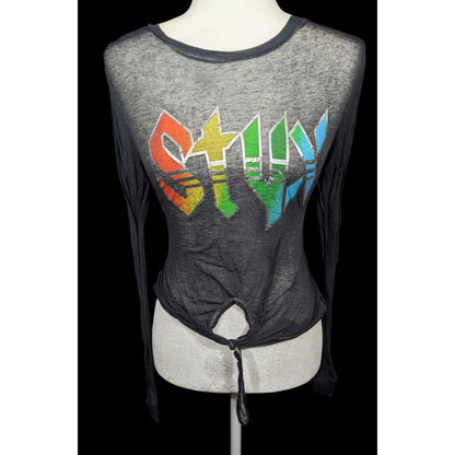 Vinyl Icons STYX Sheer Rainbow Print Tie Front Top Size Small