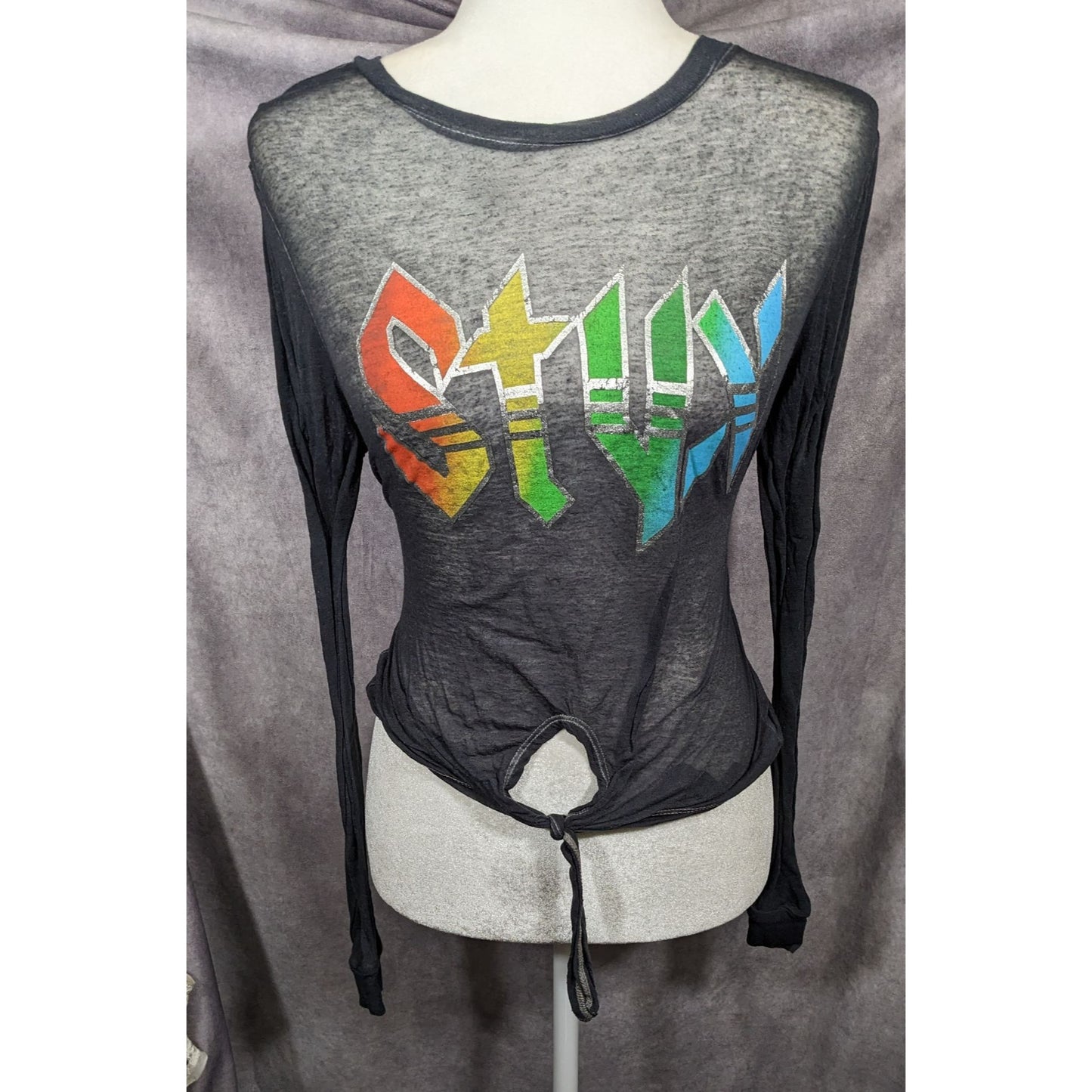 Vinyl Icons STYX Sheer Rainbow Print Tie Front Top Size Small