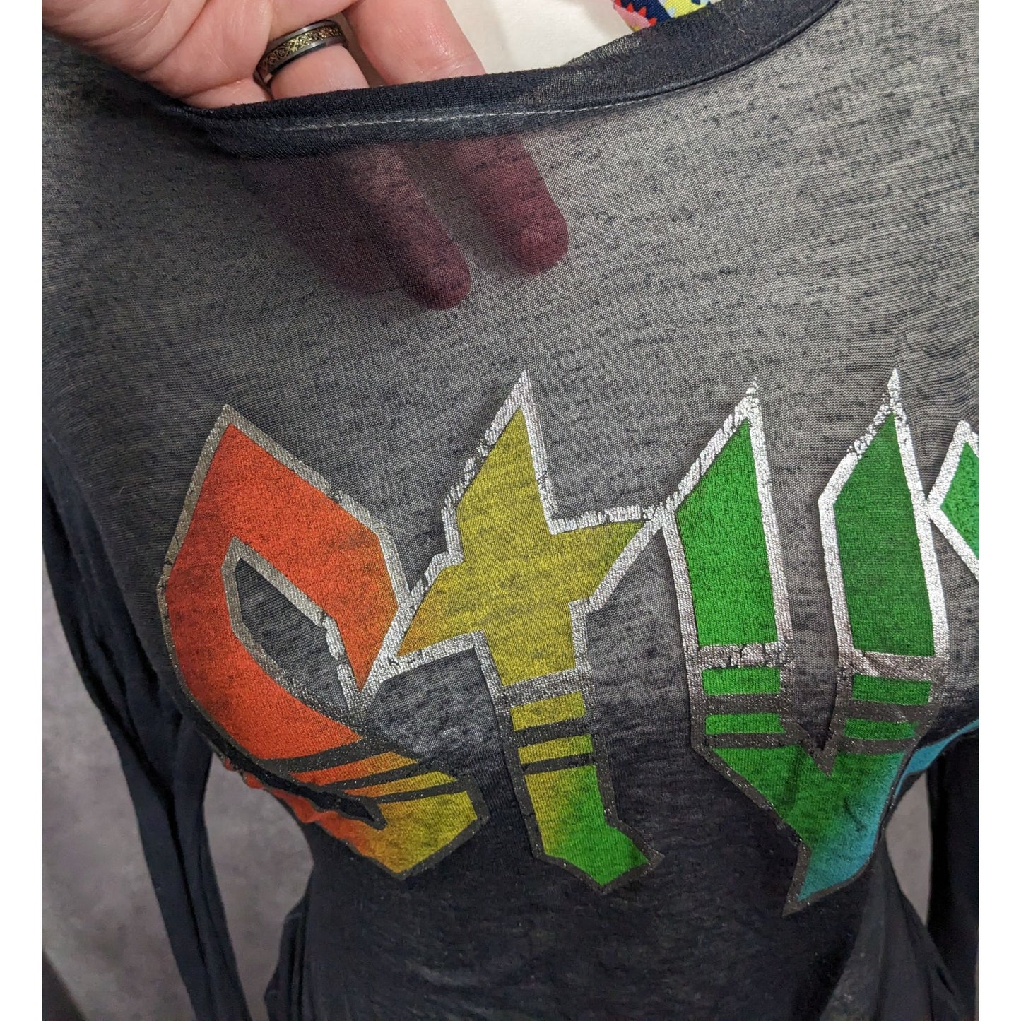 Vinyl Icons STYX Sheer Rainbow Print Tie Front Top Size Small