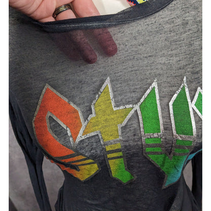 Vinyl Icons STYX Sheer Rainbow Print Tie Front Top Size Small