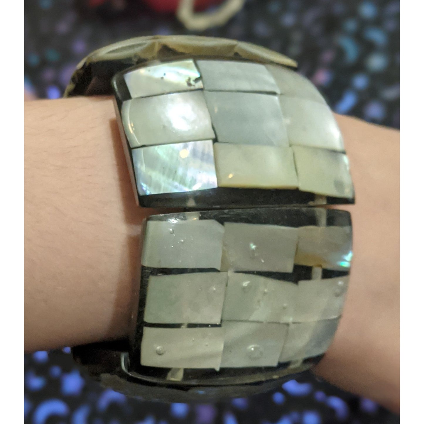 Chunky Black Shell Resin Panel Stretch Bracelet