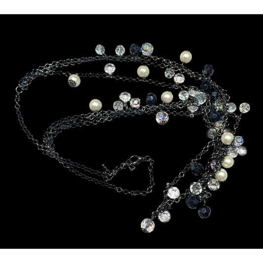 Glam Goth Multilayer Glass And Faux Pearl Charm Studded Necklace