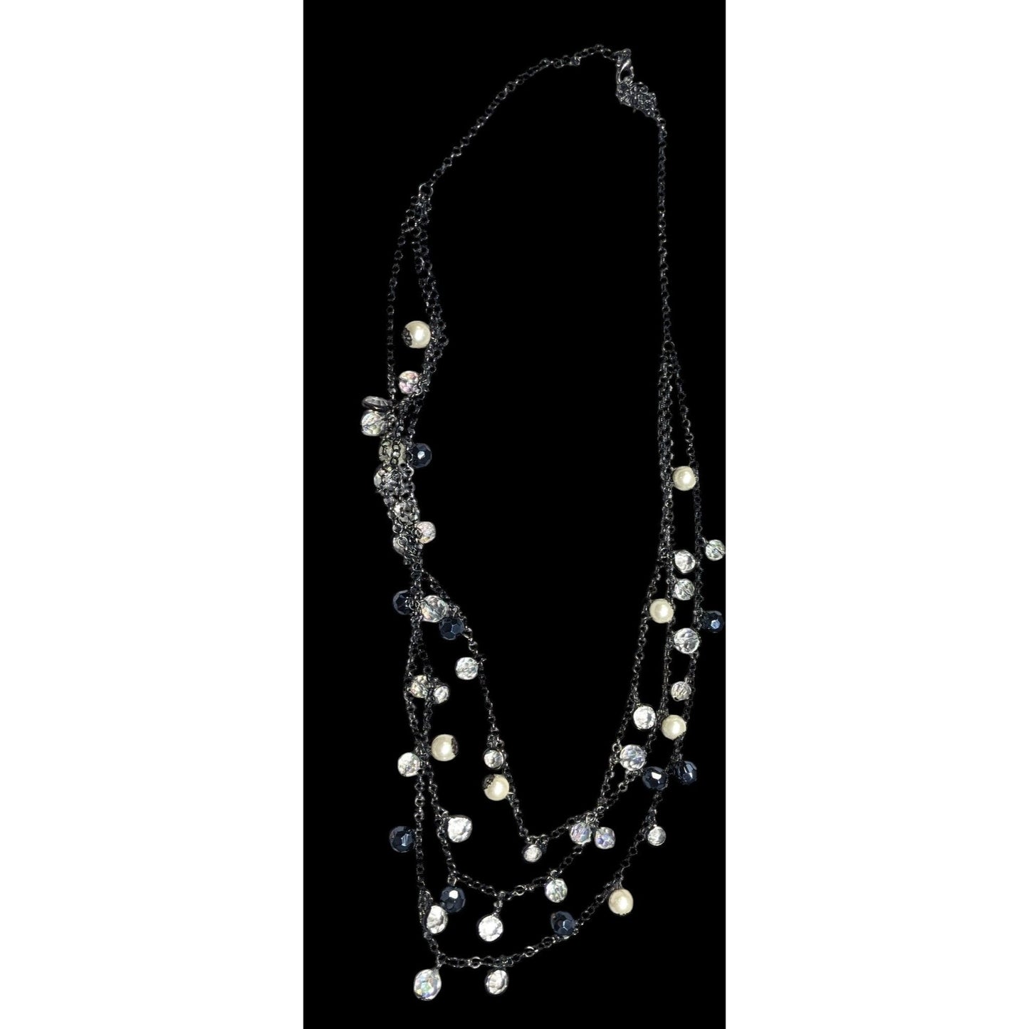 Glam Goth Multilayer Glass And Faux Pearl Charm Studded Necklace