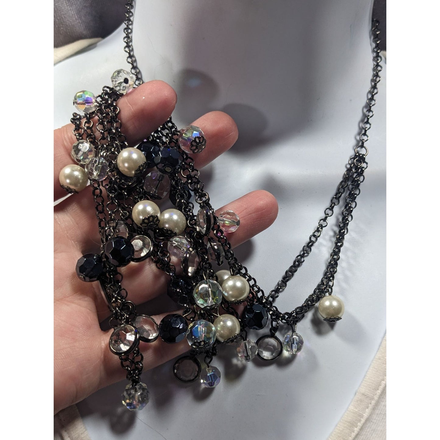 Glam Goth Multilayer Glass And Faux Pearl Charm Studded Necklace