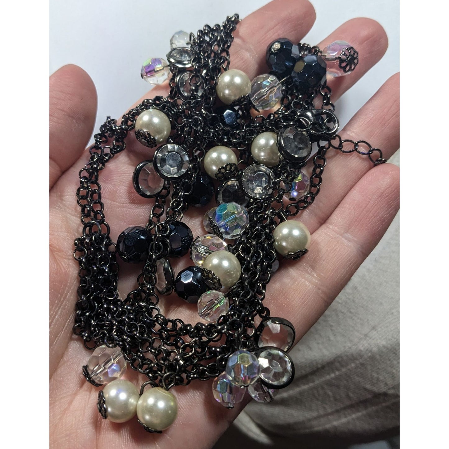 Glam Goth Multilayer Glass And Faux Pearl Charm Studded Necklace