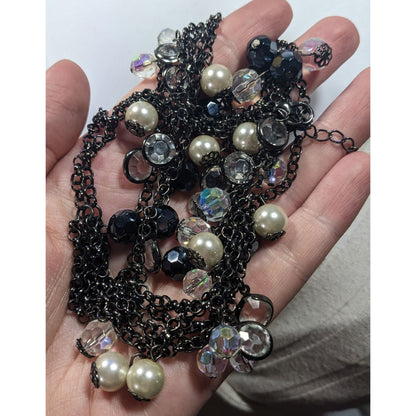 Glam Goth Multilayer Glass And Faux Pearl Charm Studded Necklace