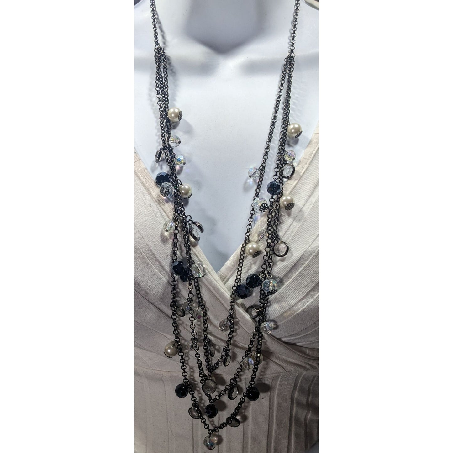 Glam Goth Multilayer Glass And Faux Pearl Charm Studded Necklace