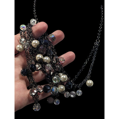 Glam Goth Multilayer Glass And Faux Pearl Charm Studded Necklace