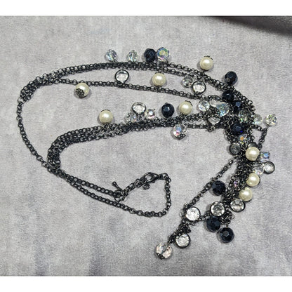 Glam Goth Multilayer Glass And Faux Pearl Charm Studded Necklace