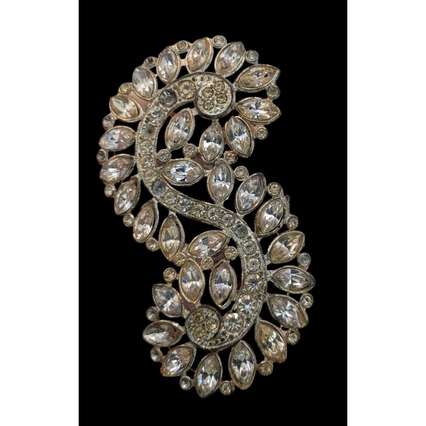 Vintage Rhinestone Swirl Brooch Silver Tone Marquise Crystal Statement Pin