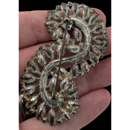 Vintage Rhinestone Swirl Brooch Silver Tone Marquise Crystal Statement Pin