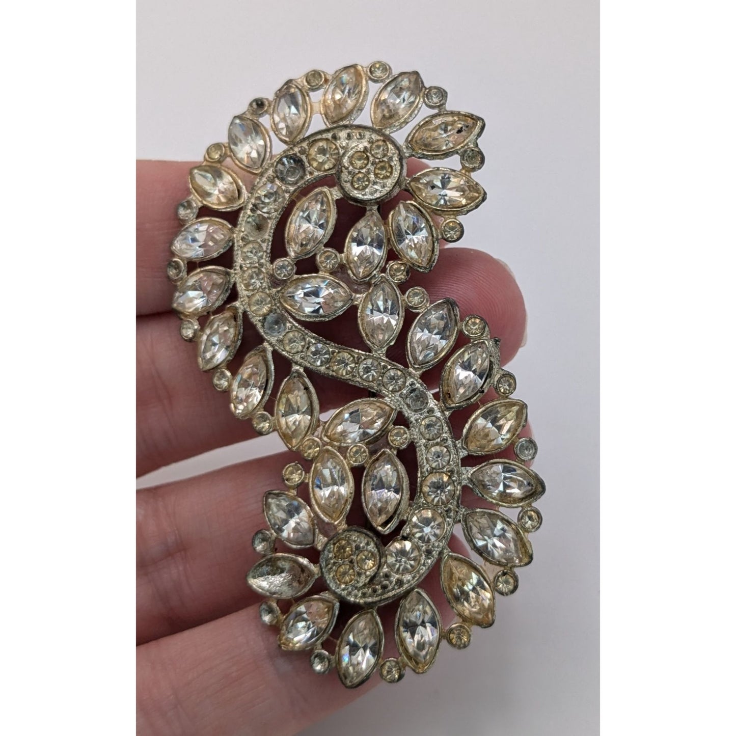 Vintage Rhinestone Swirl Brooch Silver Tone Marquise Crystal Statement Pin