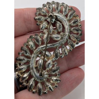 Vintage Rhinestone Swirl Brooch Silver Tone Marquise Crystal Statement Pin