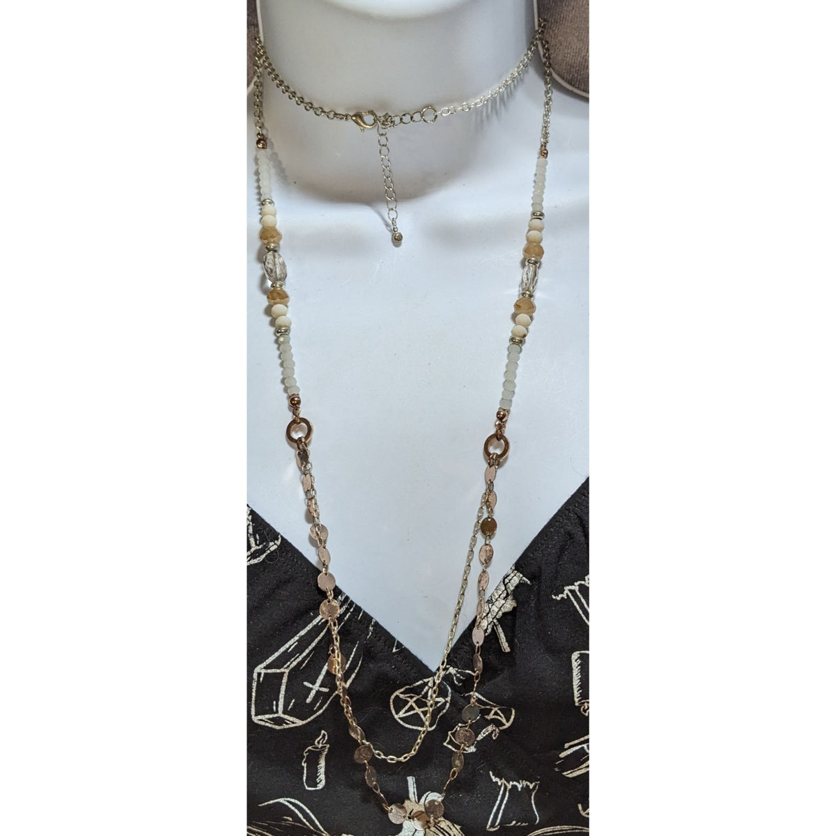Boho Coastal Layered Cream Beaded Mixed Metal Long Necklace