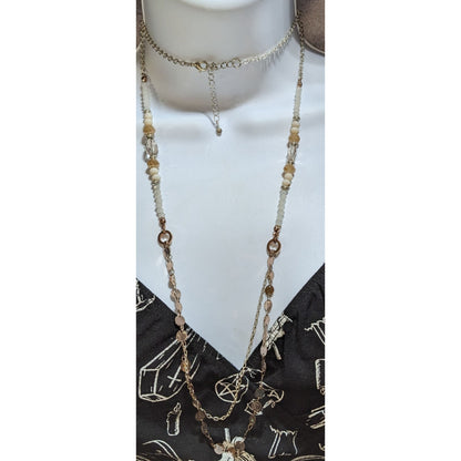Boho Coastal Layered Cream Beaded Mixed Metal Long Necklace