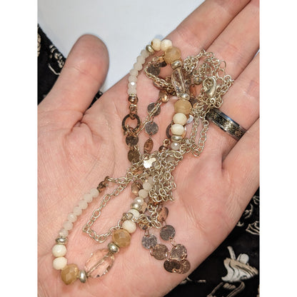 Boho Coastal Layered Cream Beaded Mixed Metal Long Necklace