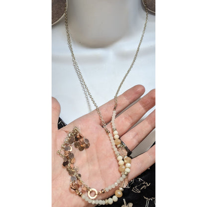Boho Coastal Layered Cream Beaded Mixed Metal Long Necklace