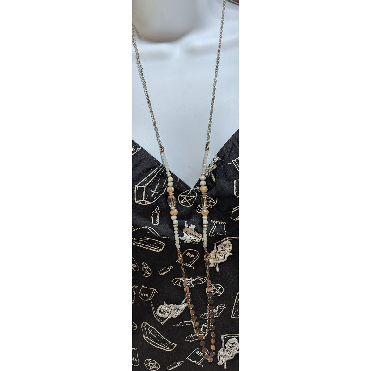 Boho Coastal Layered Cream Beaded Mixed Metal Long Necklace