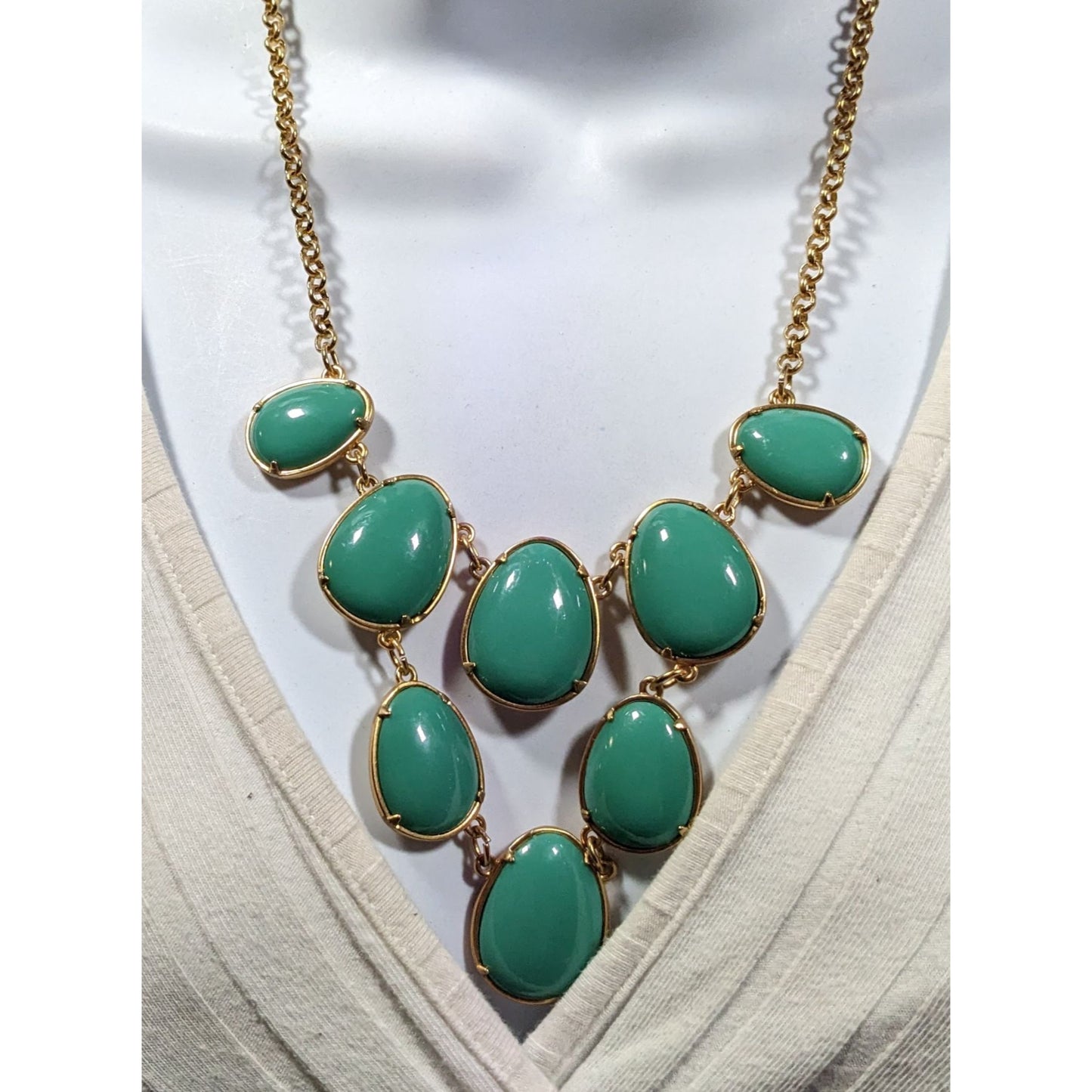 "346" Brooks Brothers Gold Tone Teal Cabochon Statement Necklace