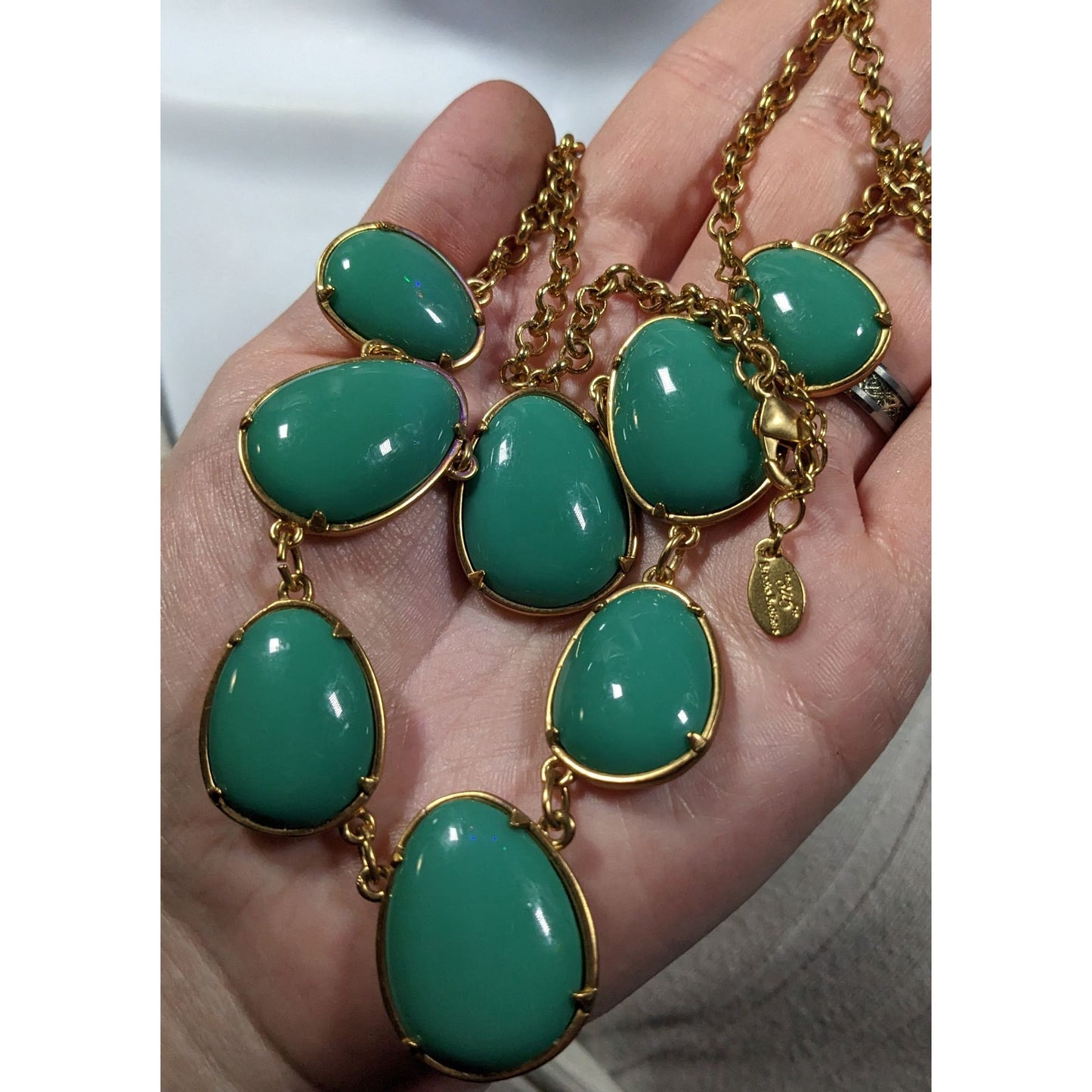 "346" Brooks Brothers Gold Tone Teal Cabochon Statement Necklace