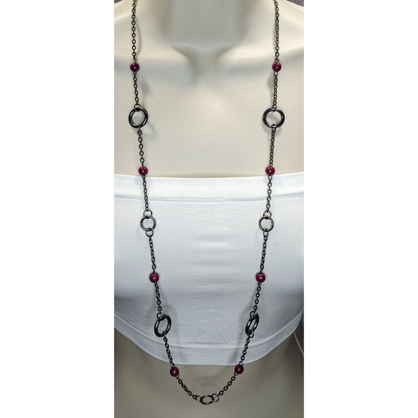 Gunmetal Chain Ring & Bead Station Necklace Burgundy Modern Statement Jewelry