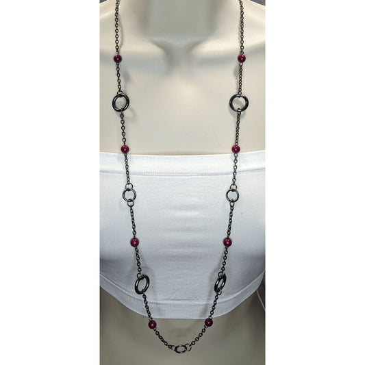 Gunmetal Chain Ring & Bead Station Necklace Burgundy Modern Statement Jewelry