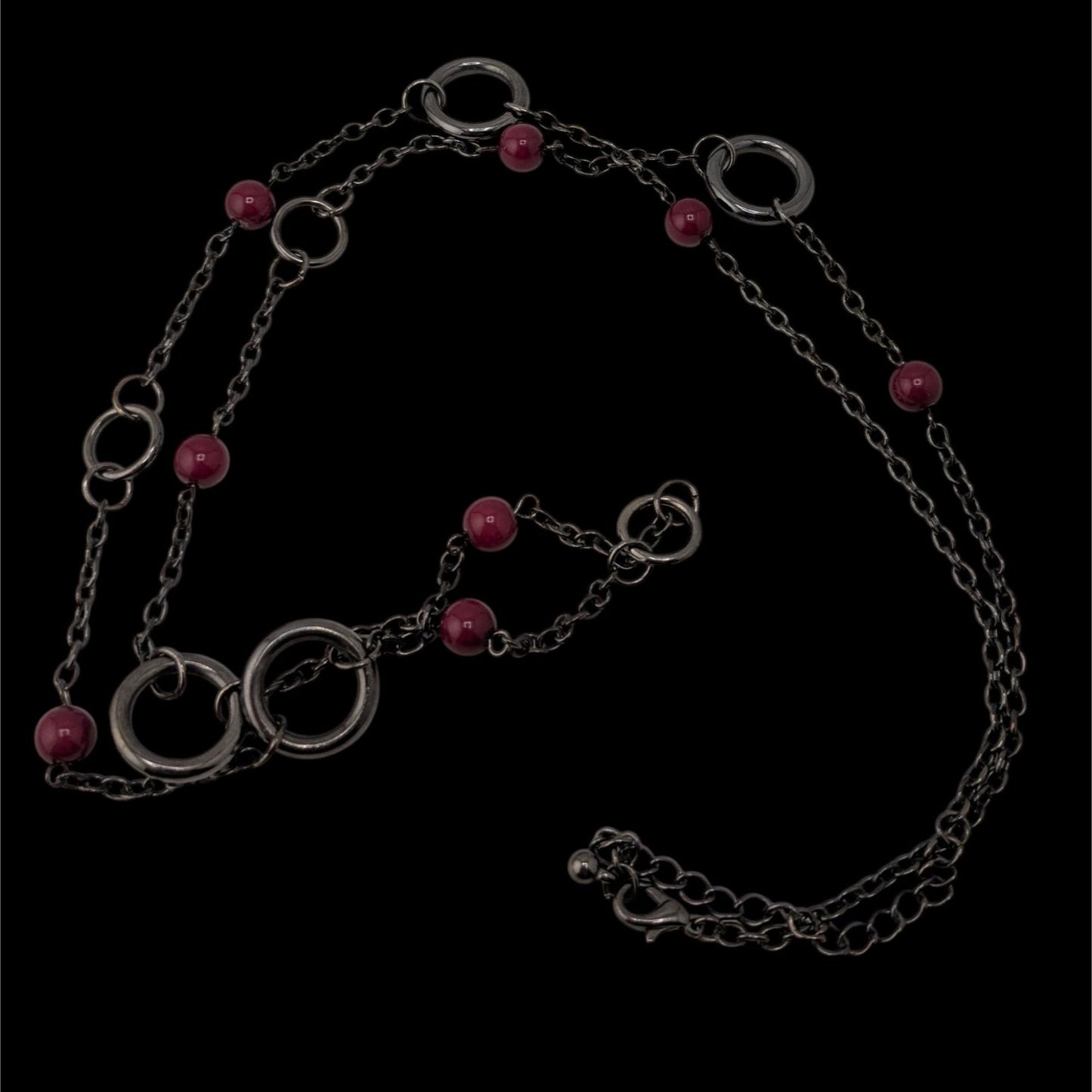 Gunmetal Chain Ring & Bead Station Necklace Burgundy Modern Statement Jewelry