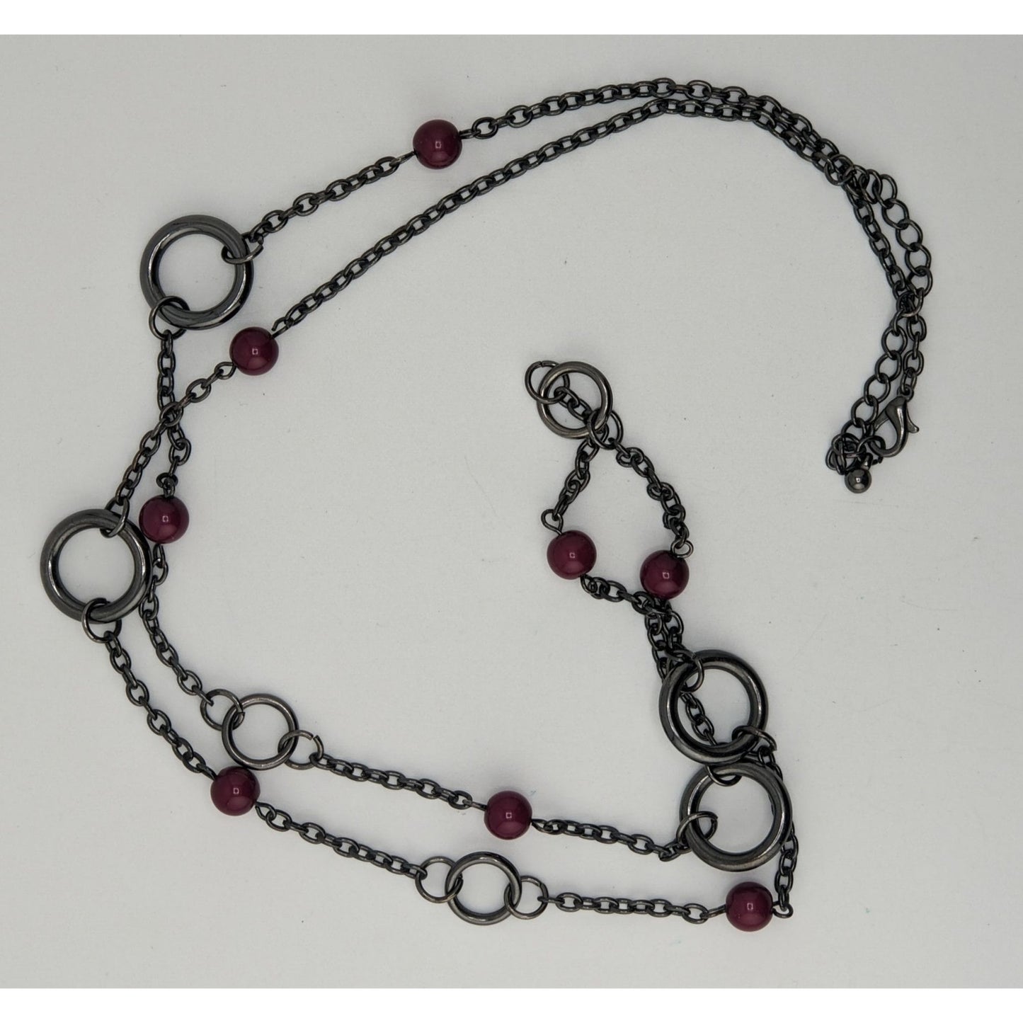 Gunmetal Chain Ring & Bead Station Necklace Burgundy Modern Statement Jewelry