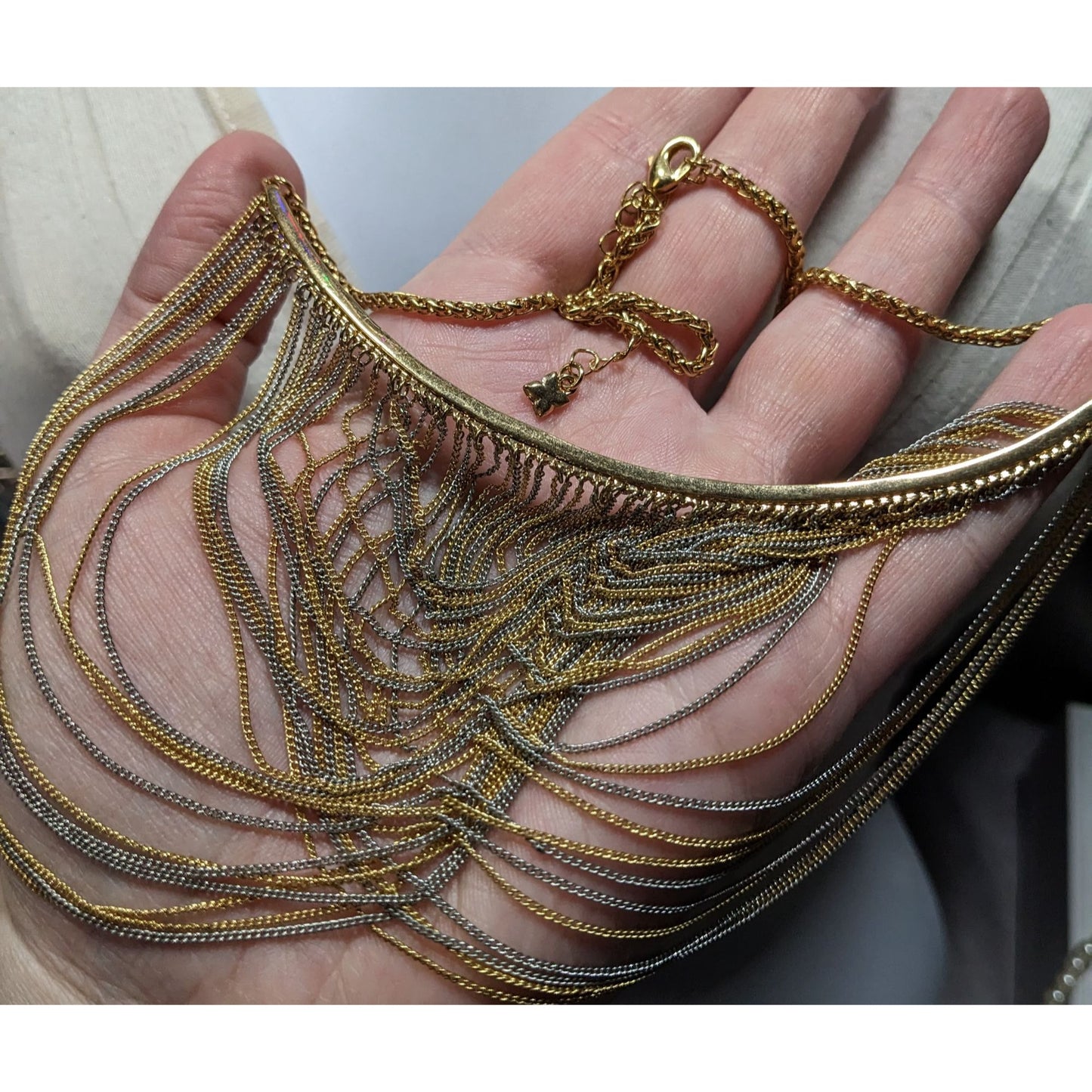 BCBGMAXAZRIA Draped Gold & Silver Tone Chain Bib Statement Necklace