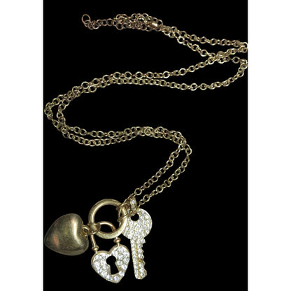 Elegant Glam Gold-Tone Heart & Key Charm Necklace With Rhinestone Embellishments