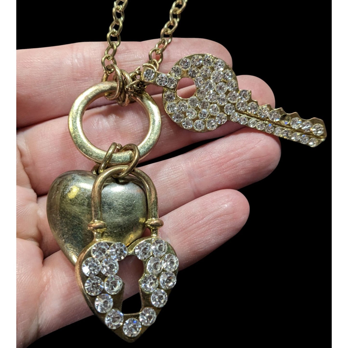 Elegant Glam Gold-Tone Heart & Key Charm Necklace With Rhinestone Embellishments
