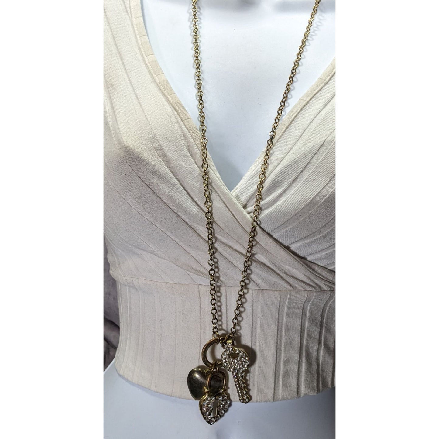 Elegant Glam Gold-Tone Heart & Key Charm Necklace With Rhinestone Embellishments