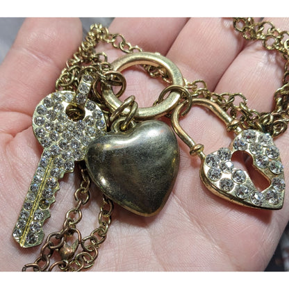 Elegant Glam Gold-Tone Heart & Key Charm Necklace With Rhinestone Embellishments