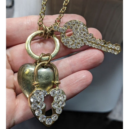 Elegant Glam Gold-Tone Heart & Key Charm Necklace With Rhinestone Embellishments