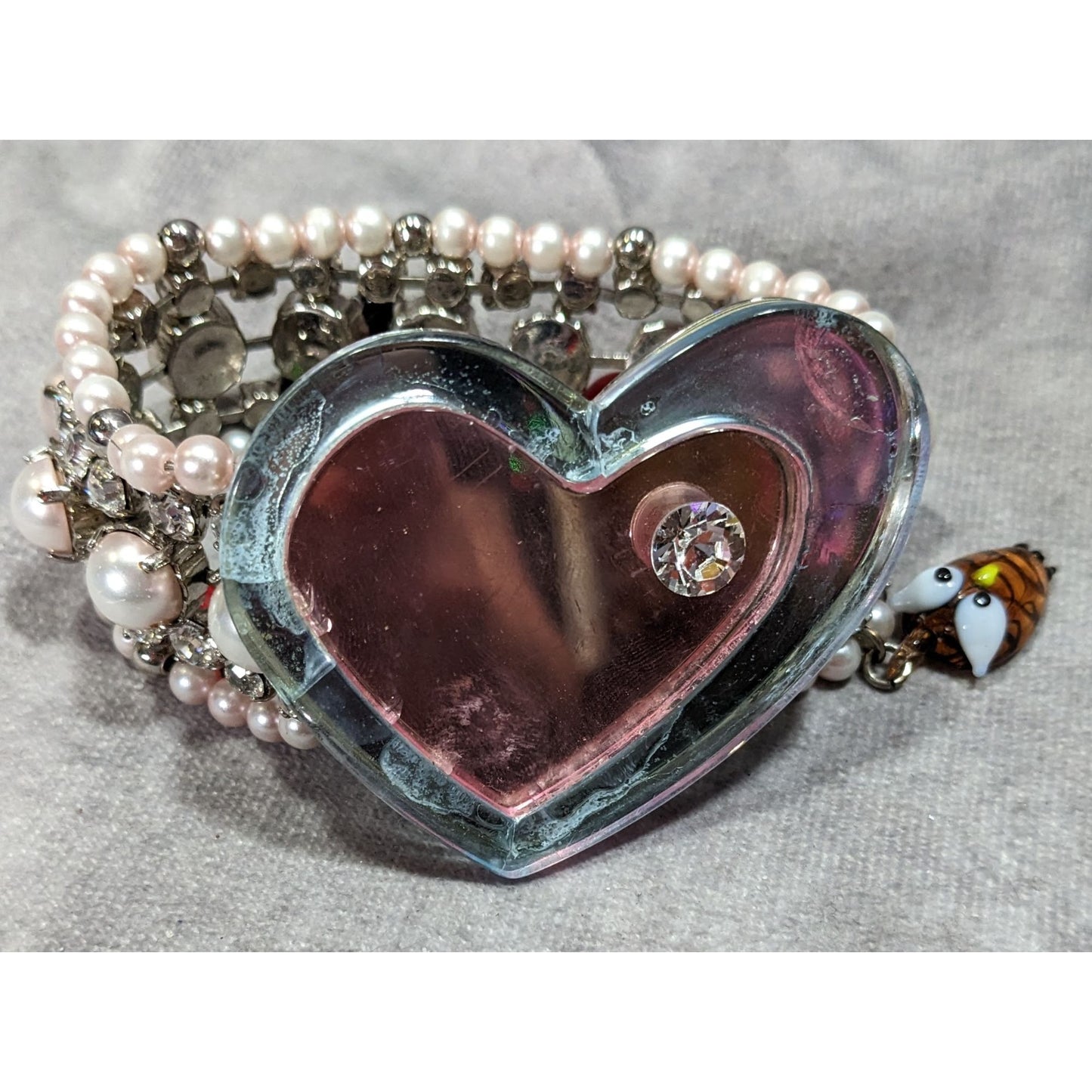 Rare Limited Edition Miu Miu Glass Heart Faux Pearl Glass Charm Bracelet