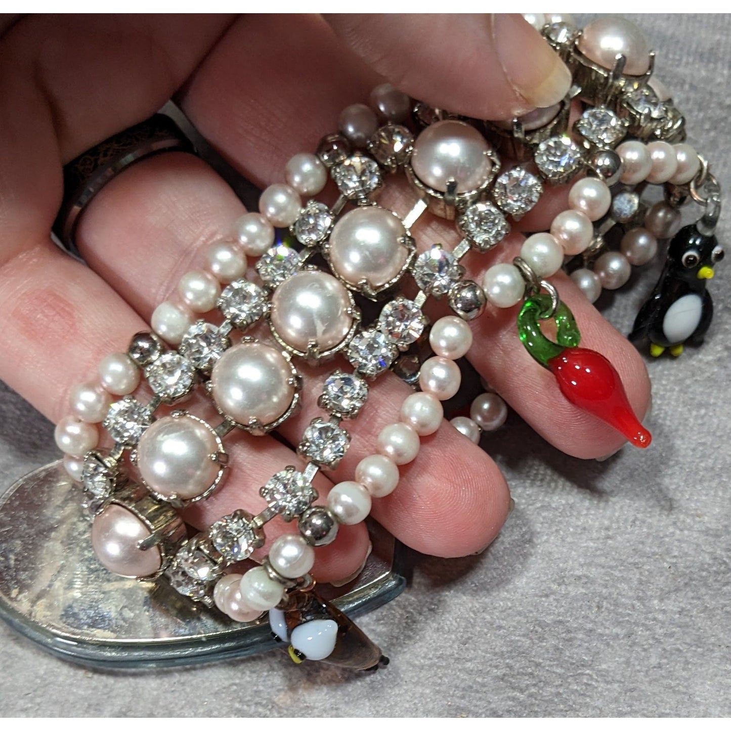 Rare Limited Edition Miu Miu Glass Heart Faux Pearl Glass Charm Bracelet