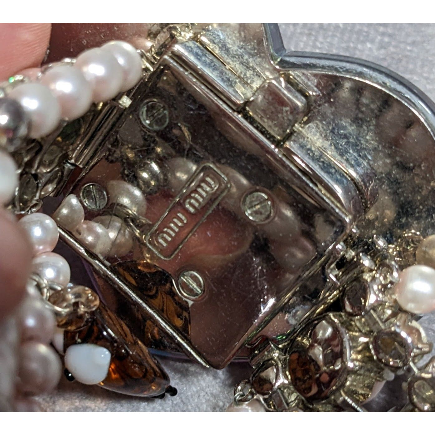 Rare Limited Edition Miu Miu Glass Heart Faux Pearl Glass Charm Bracelet