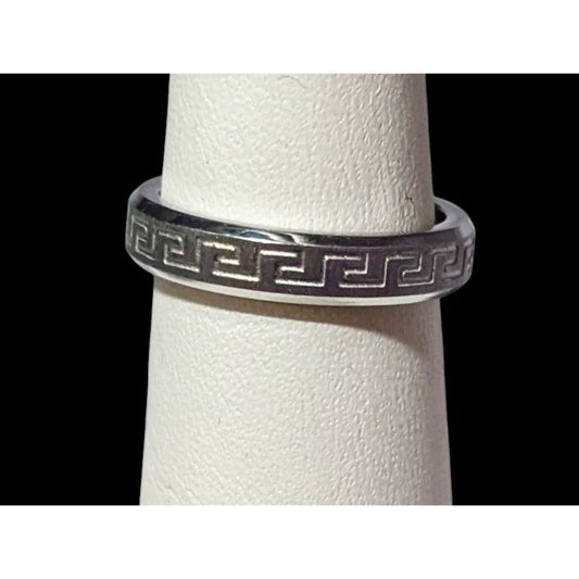 Steeltime Stainless Steel Silver Tone Greek Key Engraved Ring Size 6