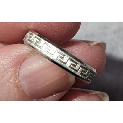 Steeltime Stainless Steel Silver Tone Greek Key Engraved Ring Size 6