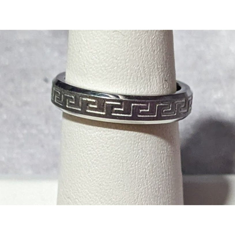 Steeltime Stainless Steel Silver Tone Greek Key Engraved Ring Size 6