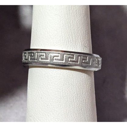 Steeltime Stainless Steel Silver Tone Greek Key Engraved Ring Size 6