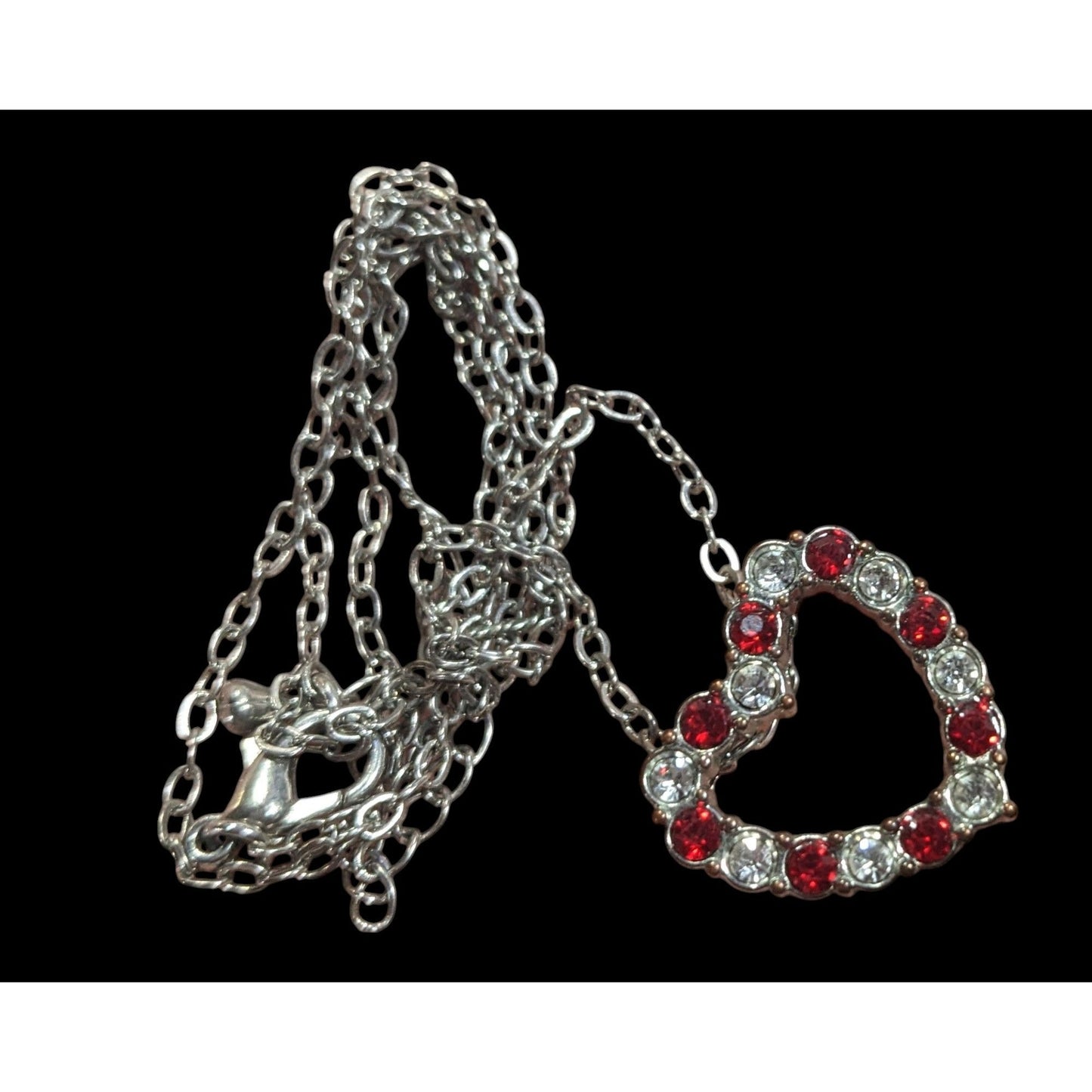 Valentine's Red And Clear Rhinestone Open Heart Pendant Necklace