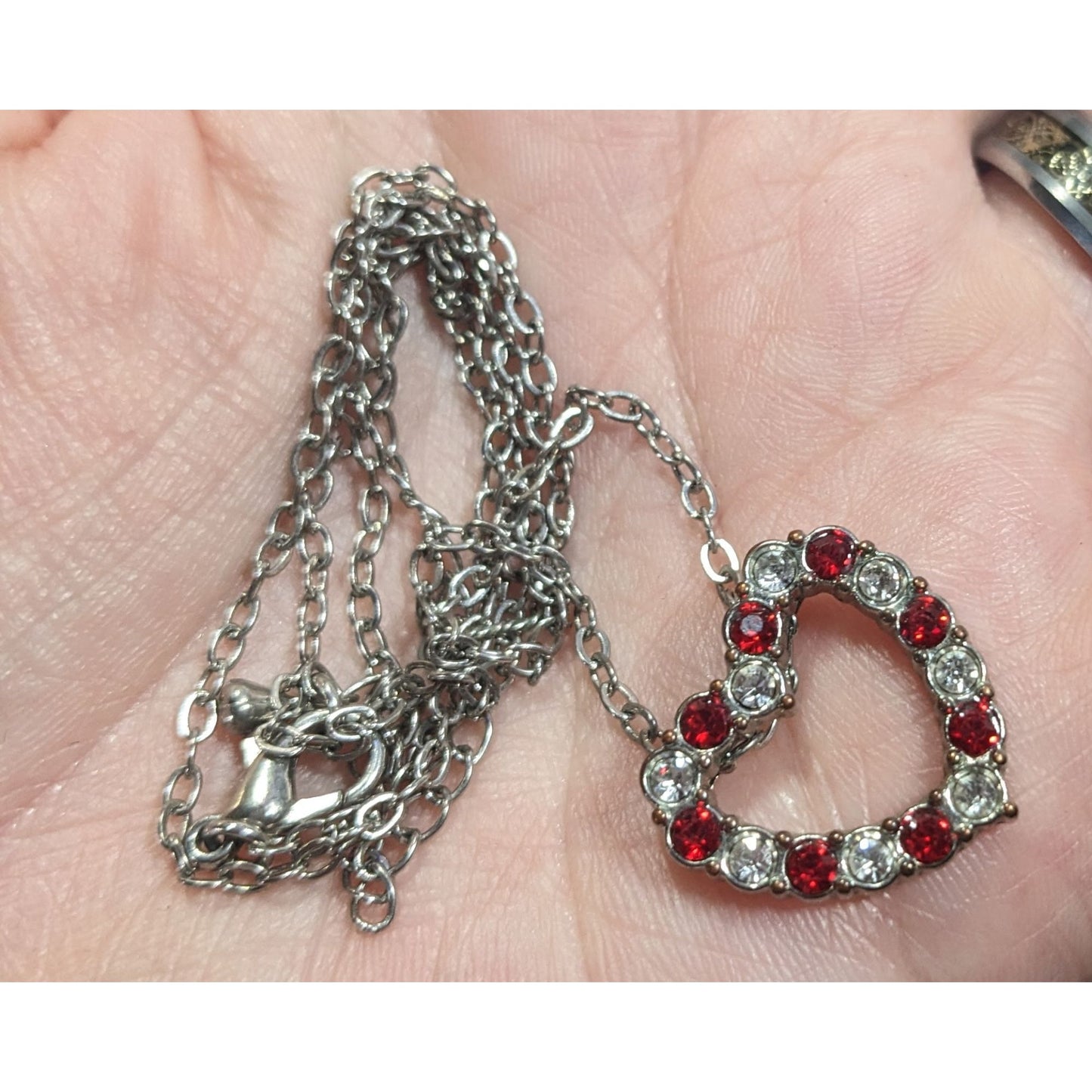 Valentine's Red And Clear Rhinestone Open Heart Pendant Necklace